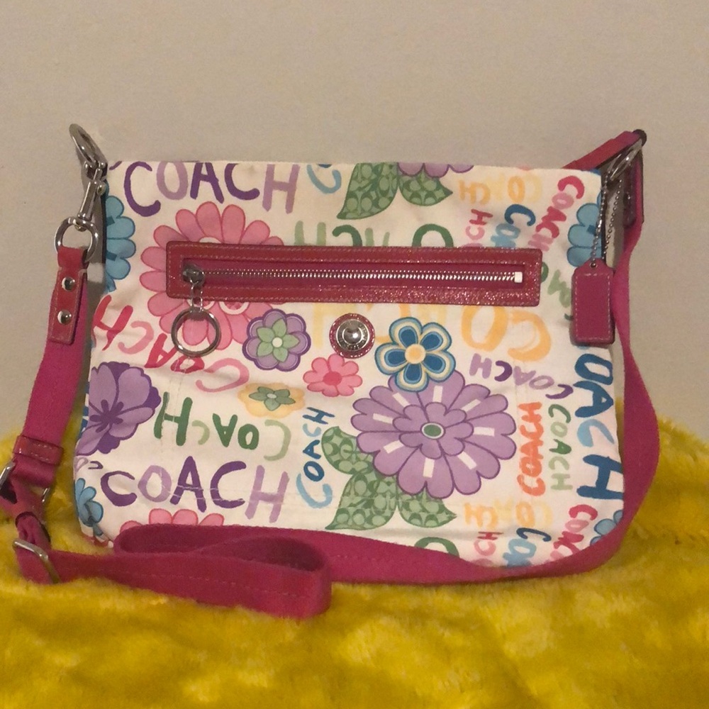 Coach Multi-Color Floral Logo Crossbody Bag with Pink Trim